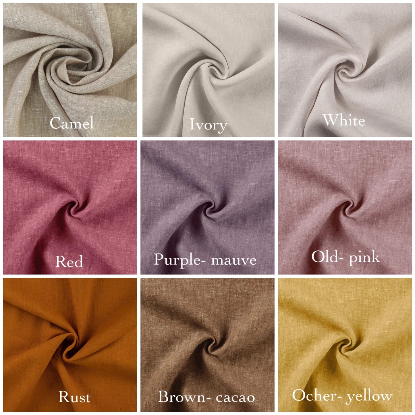 Fabric swatches in various colors with labels underneath