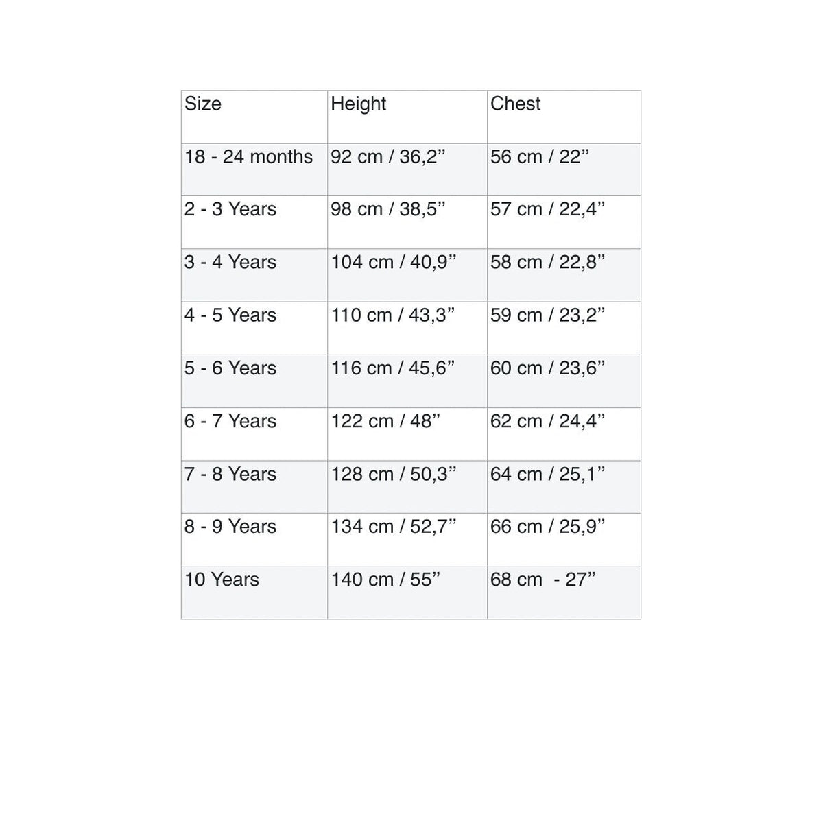 Size chart for children's clothing with height and chest measurements.