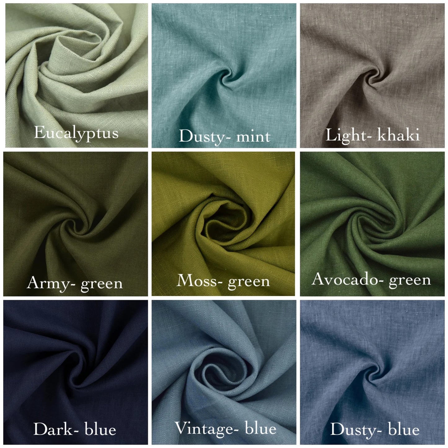 Fabric swatches in various colors with labels underneath