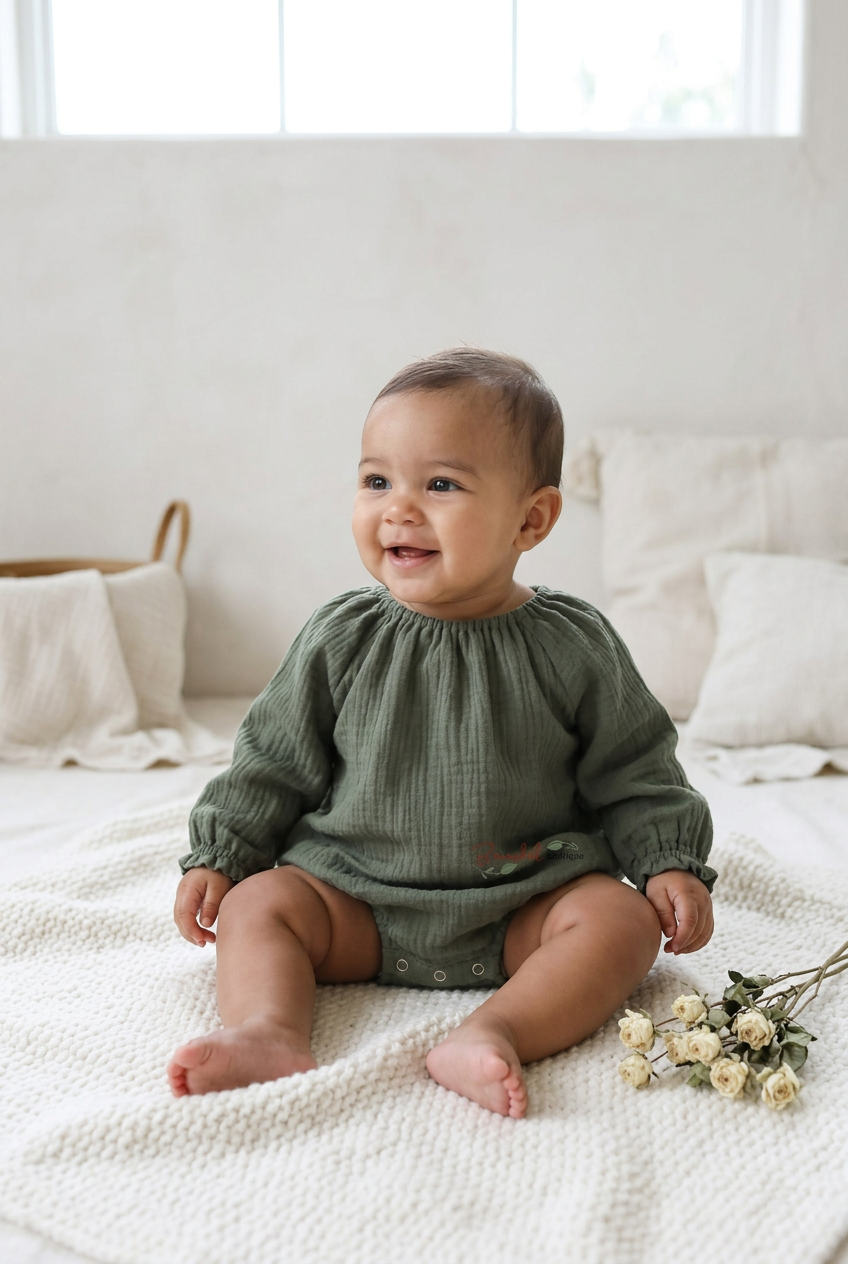 Muslin Bodysuits- Khaki- green - Color, Romper, Bonnet - Options