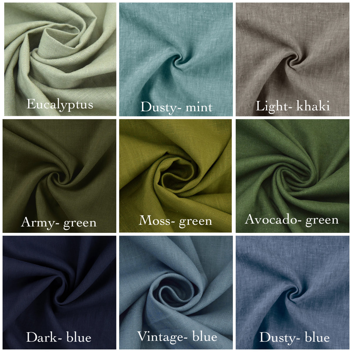 Fabric swatches in various colors with labels underneath