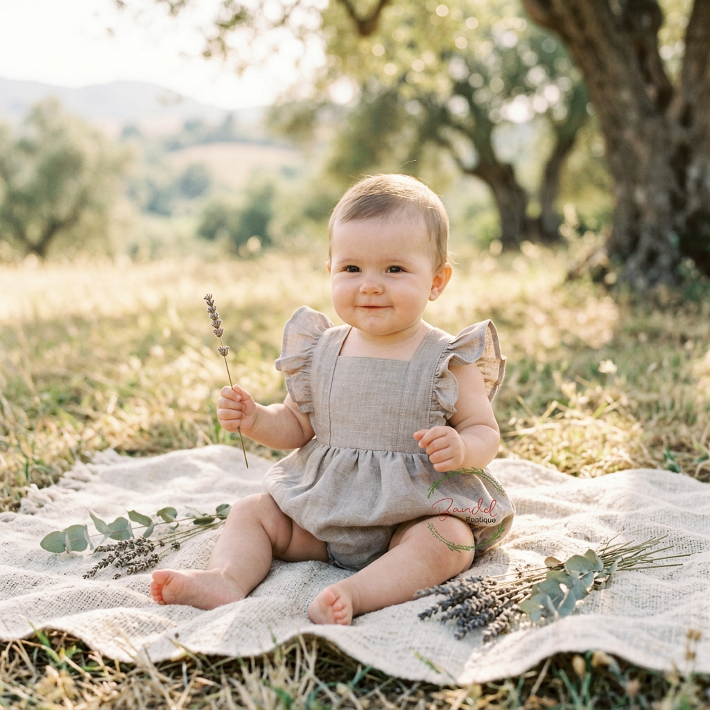 A baby girl sitting outdoors on a linen blanket, wearing a light taupe linen romper with ruffled shoulder straps. She is holding a sprig of lavender in a sunny, grassy park setting with trees in the background.