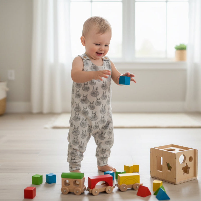 Child playing with wooden blocks in a bright room