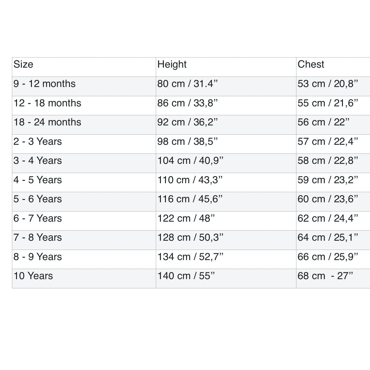 Size chart for children's clothing with height and chest measurements.