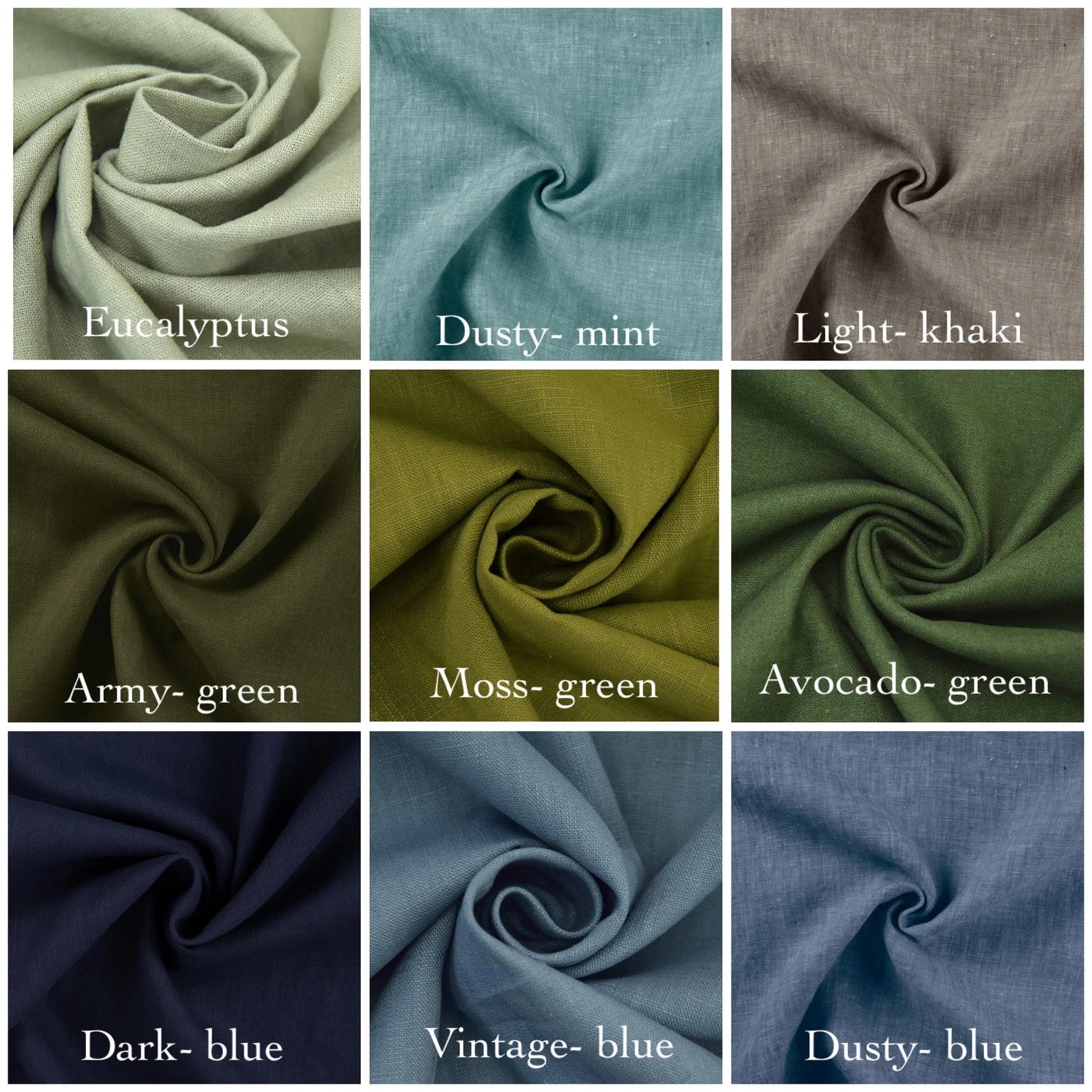 Fabric swatches in various colors with labels underneath