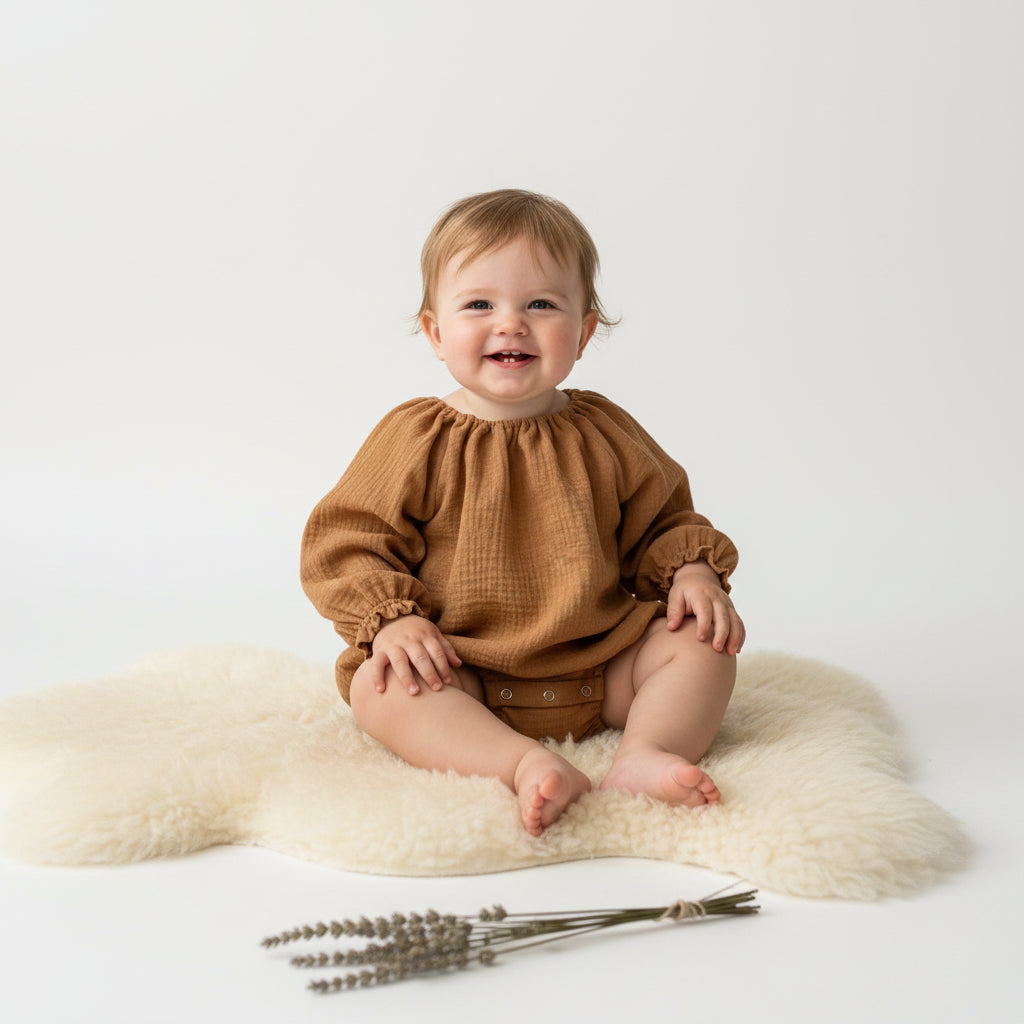 A baby sitting on a cream sheepskin rug wearing a brown textured long-sleeve romper, with dried lavender sprigs on the floor against a white studio background.