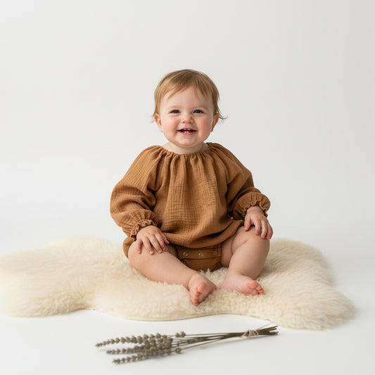 A baby sitting on a cream sheepskin rug wearing a brown textured long-sleeve romper, with dried lavender sprigs on the floor against a white studio background.