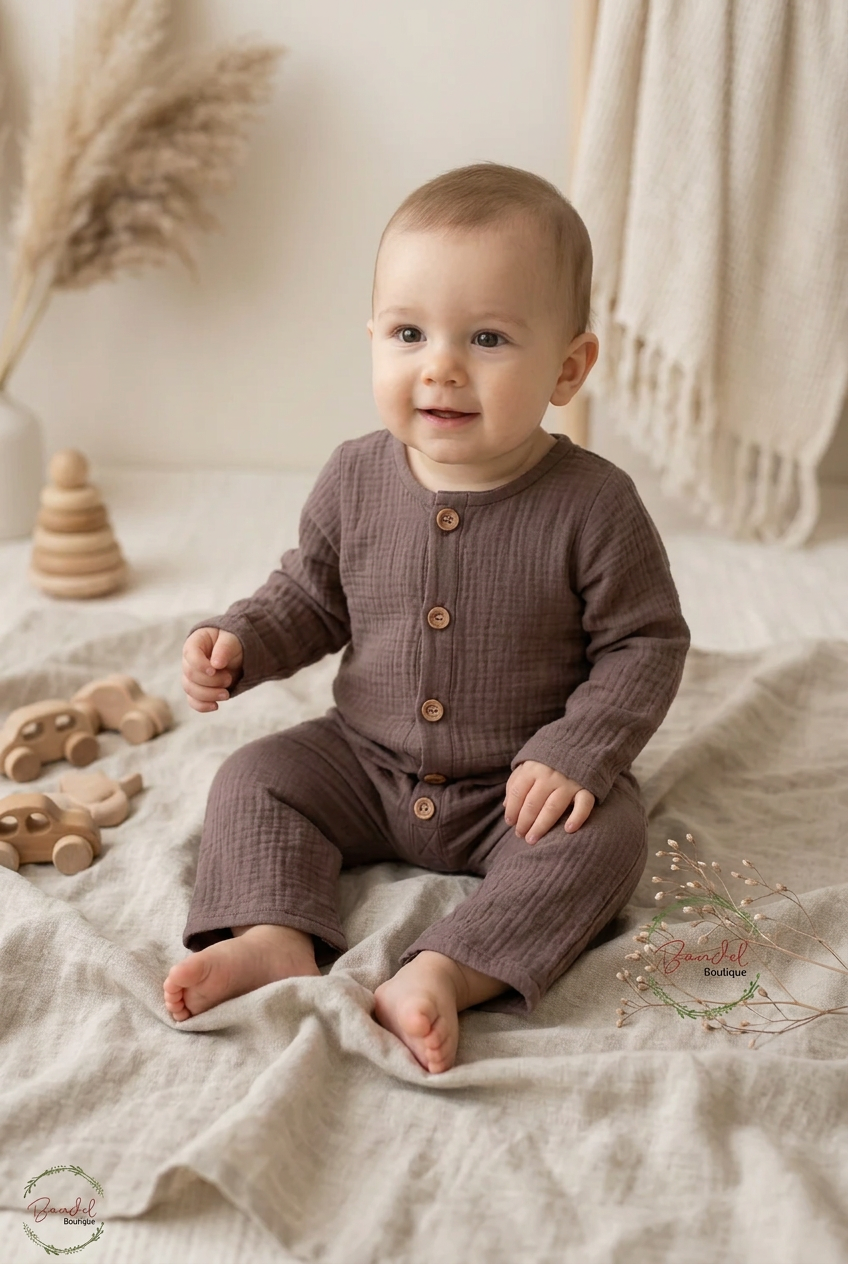 A baby sitting on a beige linen blanket wearing a matching short-sleeve button-front romper and pants in a muted taupe-brown textured fabric. The scene is styled with wooden toys, dried grasses, and a cream knit throw in a soft indoor setting.