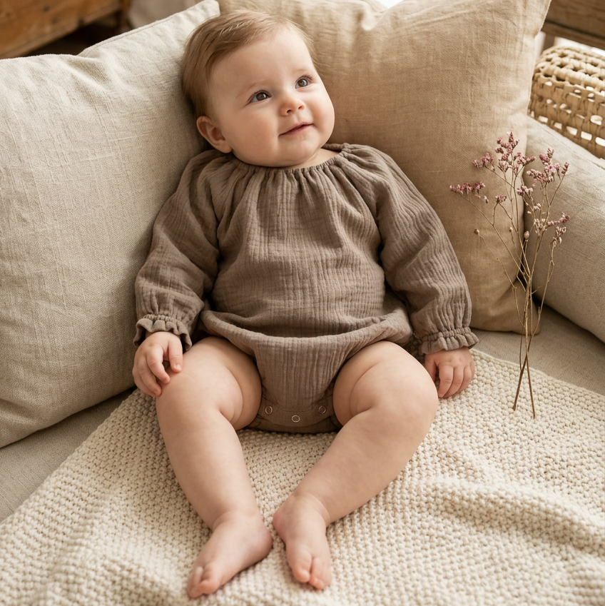 A baby sitting on a cozy sofa wearing a textured brown long-sleeve romper, surrounded by beige pillows and a cream knit blanket.