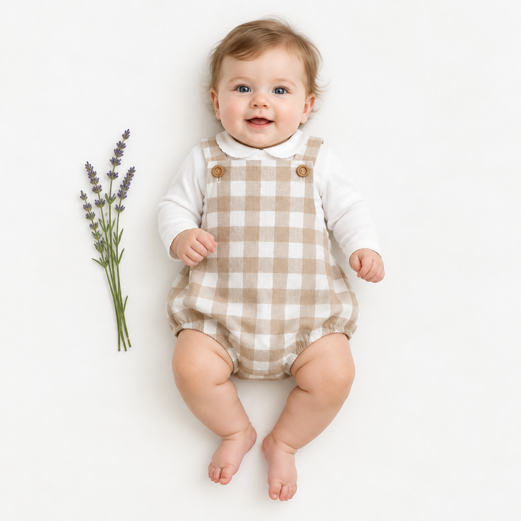 A baby lying on a white background wearing a white long-sleeve shirt and a beige-and-white gingham romper with brown buttons. A small sprig of lavender is placed to the left of the baby.