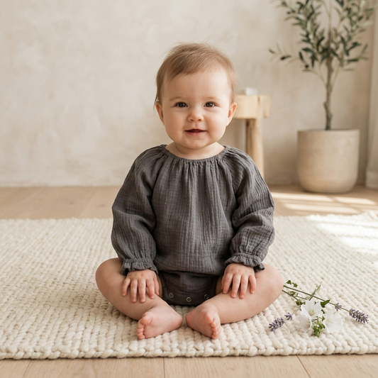 A baby sitting cross-legged on a cream knit rug, wearing a dark gray textured long-sleeve top and matching pants. The background shows a warm, neutral-toned room with a wooden stool and a potted plant.