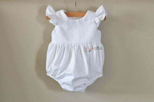 White Embroidery Cotton Baby Romper, features flutter sleeves, elastic at the legs opening, wooden buttons at the back and snaps at the crotch, perfect for christening or baptism outfit. 