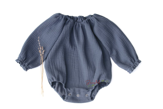 Jeans- blue long sleeves organic muslin baby bodysuit 