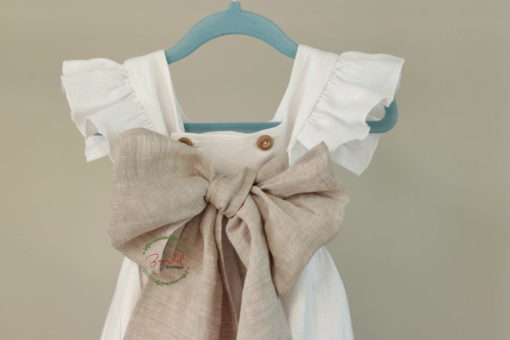 White Sash Bow Flutter Sleeves Dress