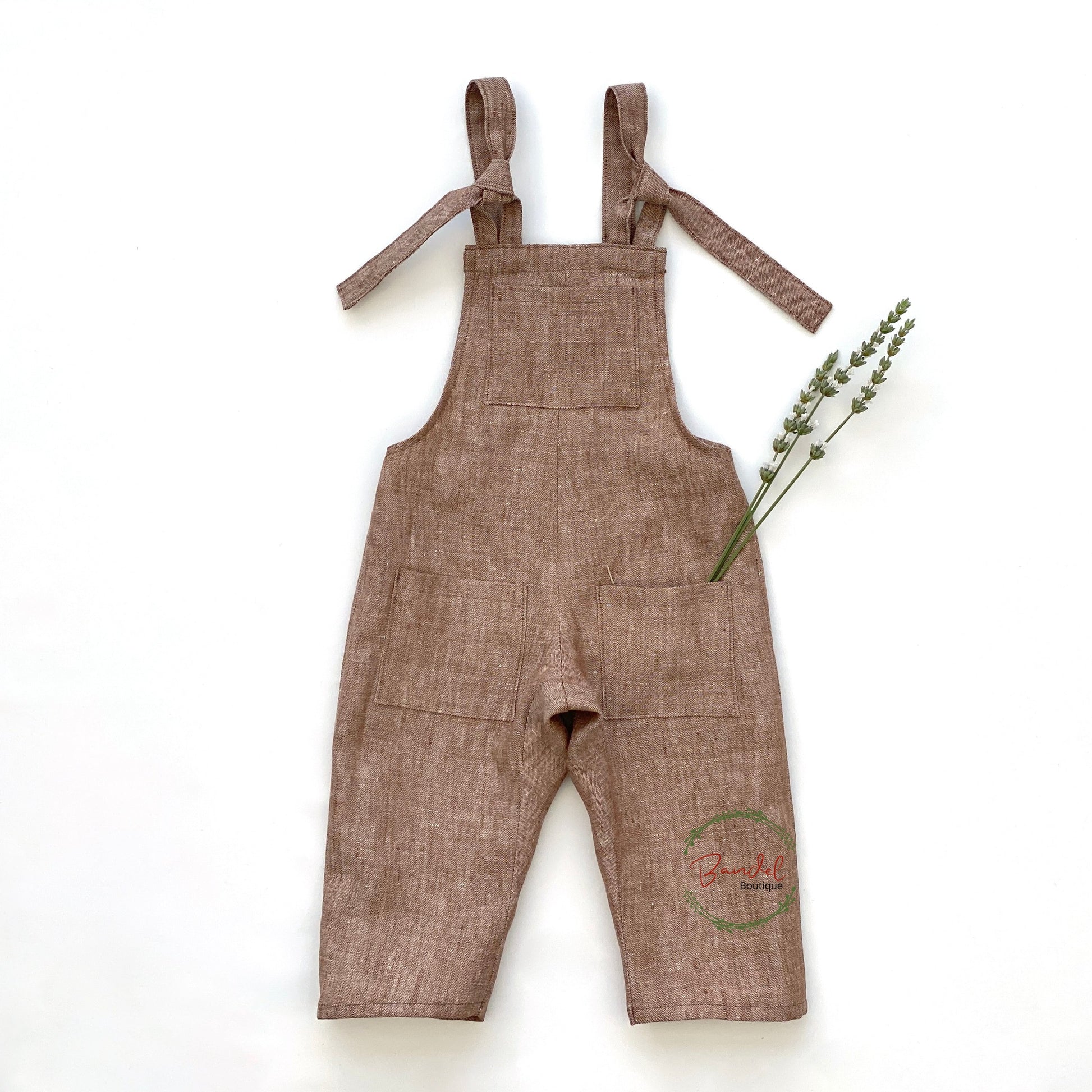Brown Linen Kids Baby Toddler Dungarees Adjustable Straps Overalls