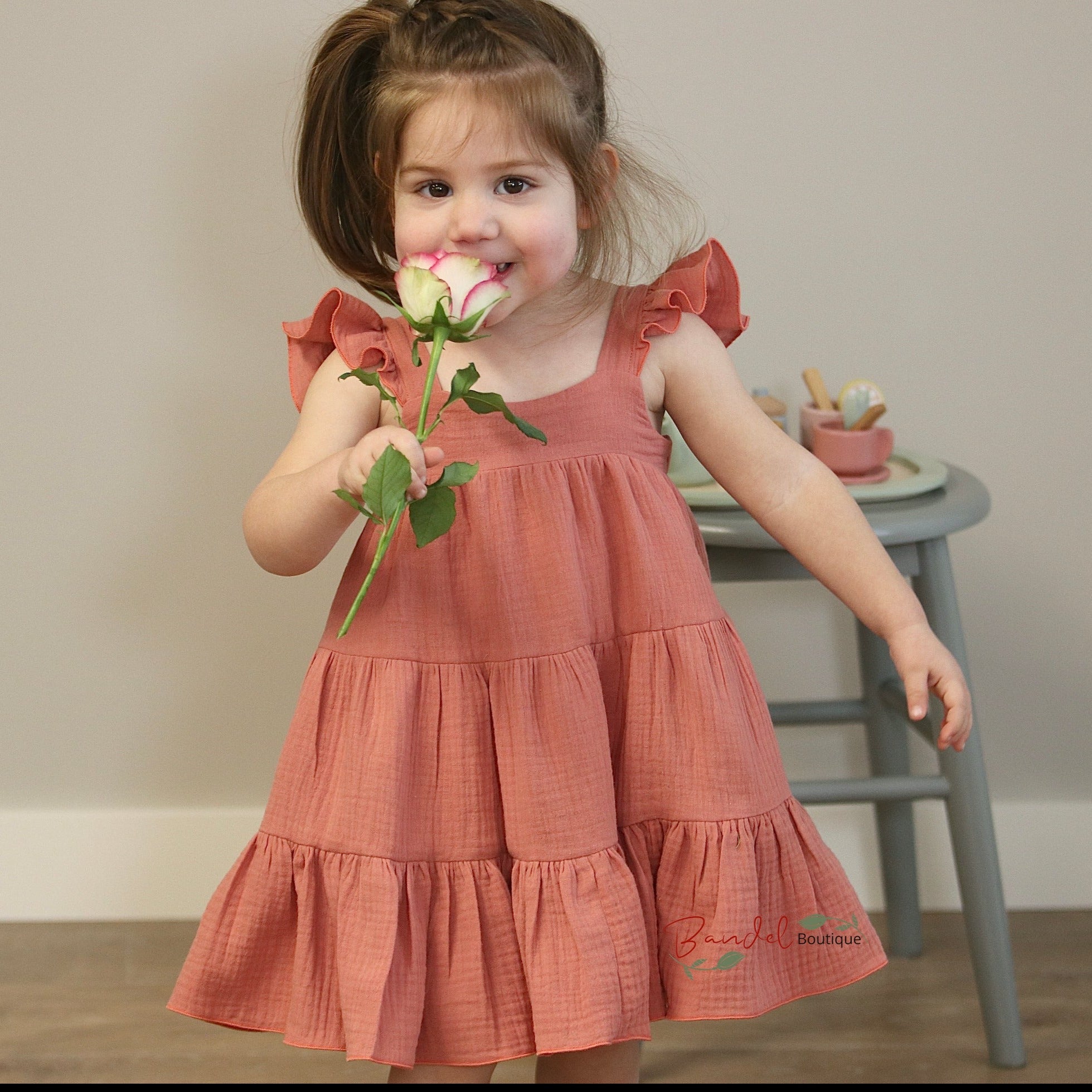Dark Salmon Muslin Girl Dress Handmade Double Gauze Flutter sleeve Girl Dress