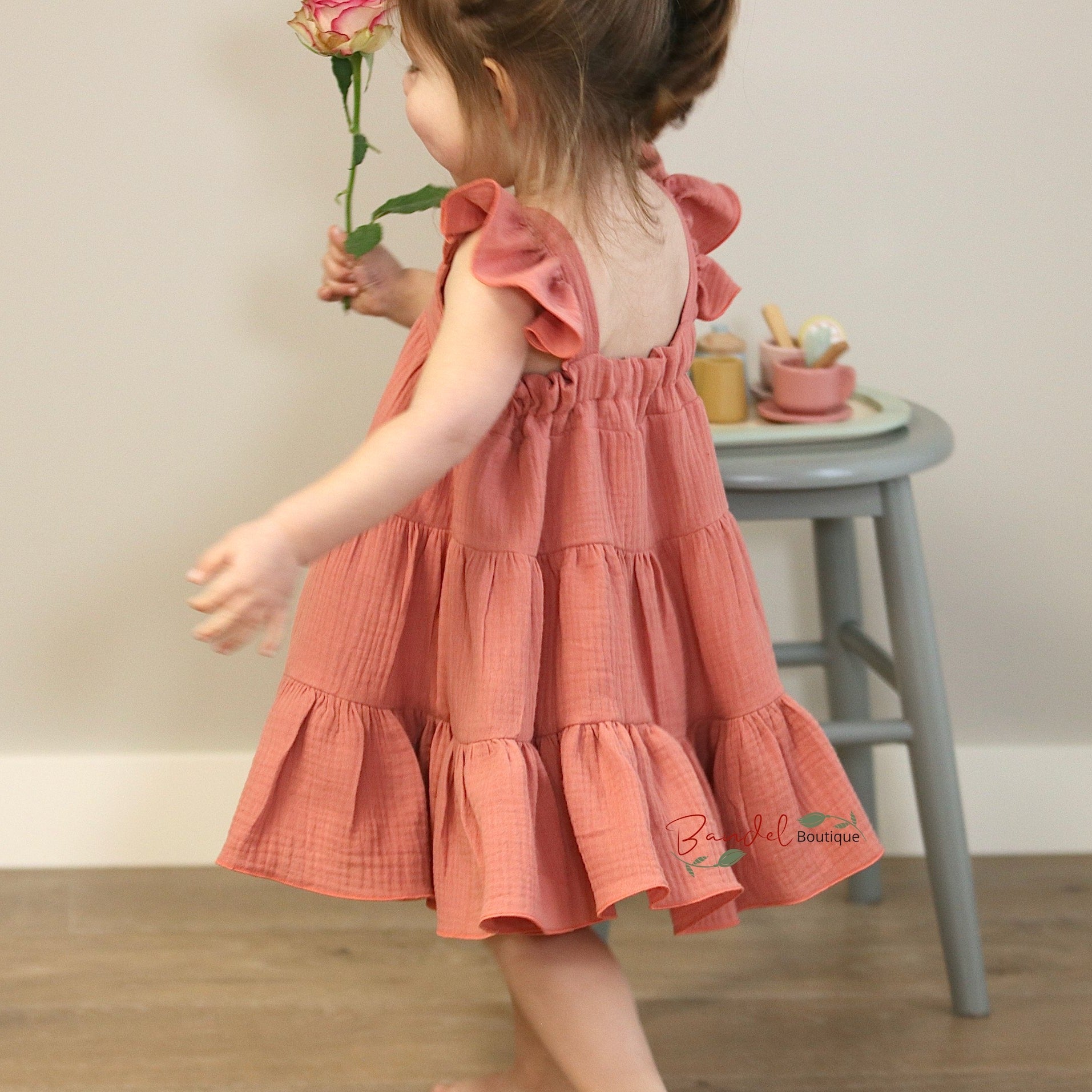 Dark Salmon Muslin Flutters Sleeve Dress