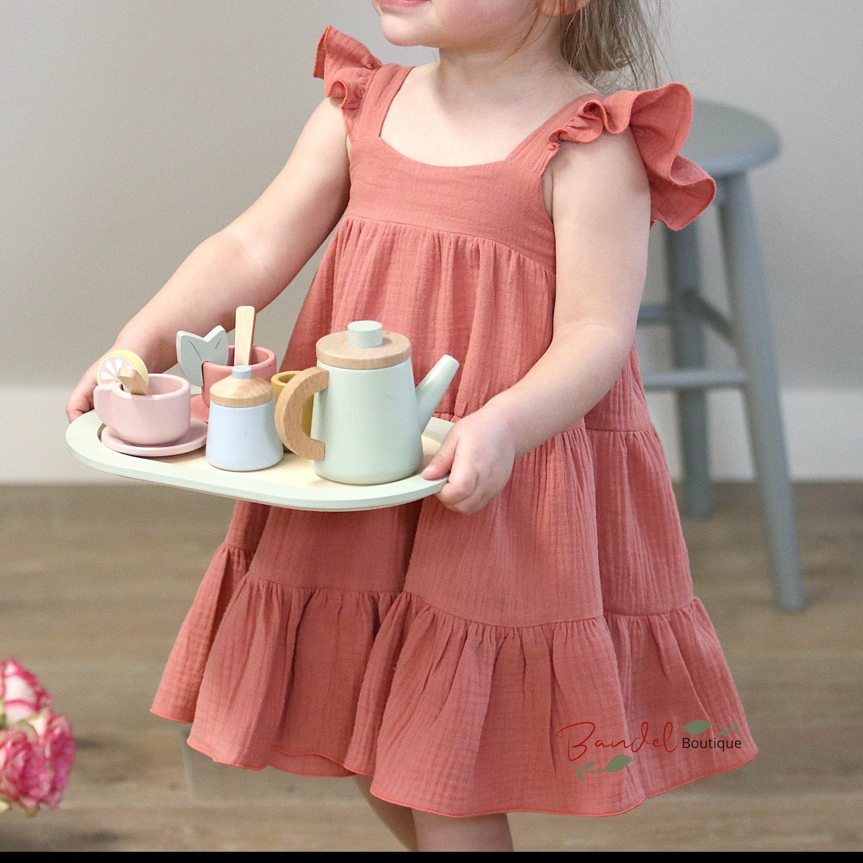 Dark Salmon Muslin Flutters Sleeve Dress