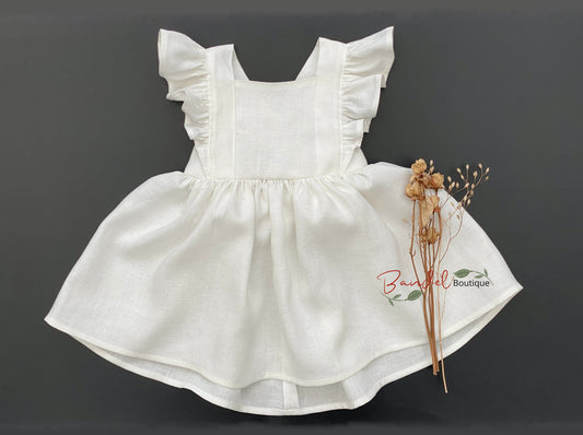 Ivory Linen Girl Dress Classic Style Flutter Sleeve Adjustable Straps 