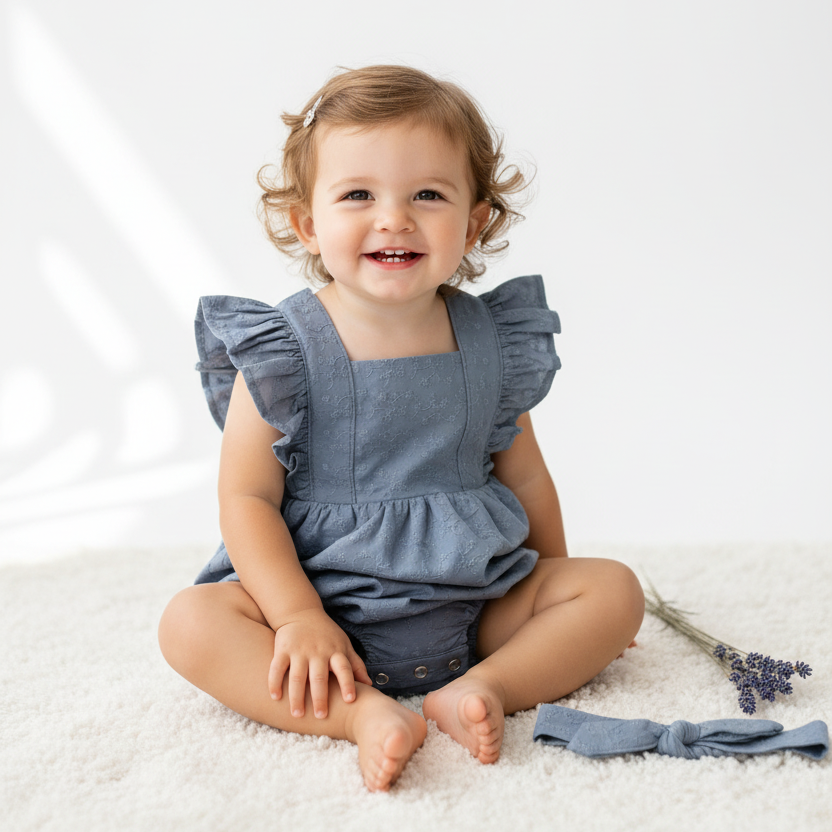 Child wearing a denim romper with ruffled sleeves on a white background
