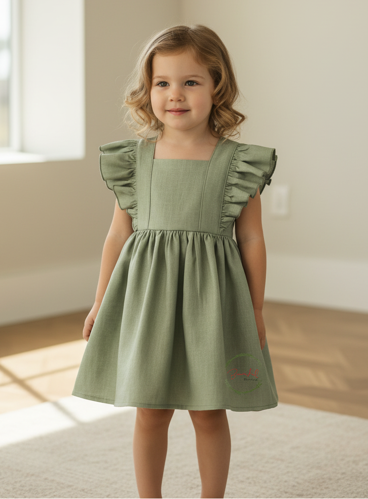 Young girl wearing a green dress standing in a softly lit room.