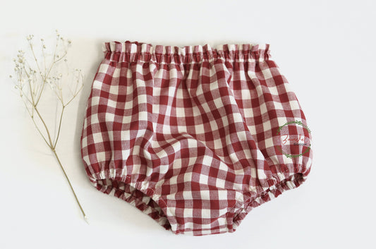 Diaper cover short baby toddler bloomers is made from check cotton bordeaux color, making it perfect for your little one. Keep them comfortable and stylish all day long. Feature frills details at the waist, an elastic waistband and elastic at the legs for an optimal fit.
