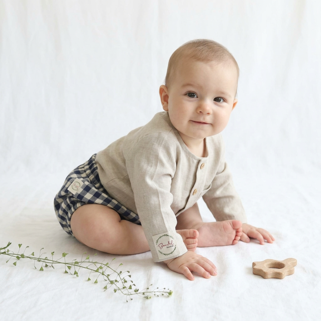 A baby wearing a beige linen long-sleeve button-up shirt and a blue-and-white gingham diaper cover sits on a white fabric backdrop. A small wooden flower teether is on the floor nearby, with a delicate green sprig in the foreground.