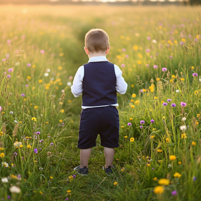 Child standing in a field of wildflowers at sunset