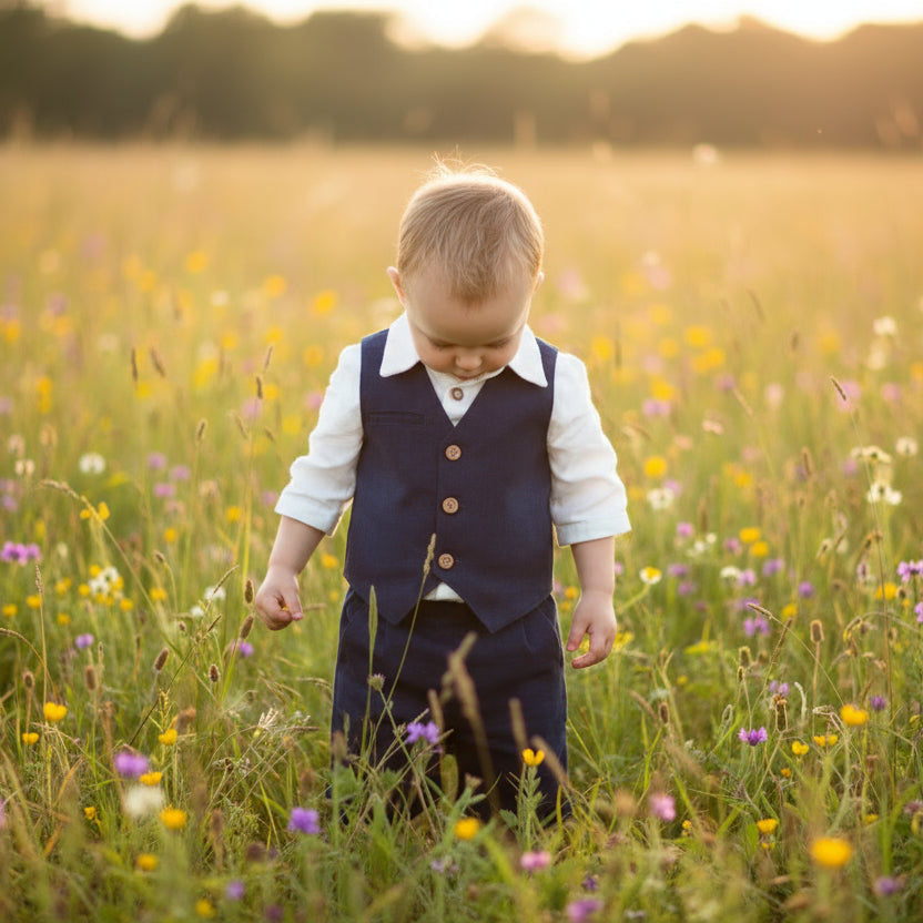 Child wearing a light blue vest and shorts set standing in front of a mirror.