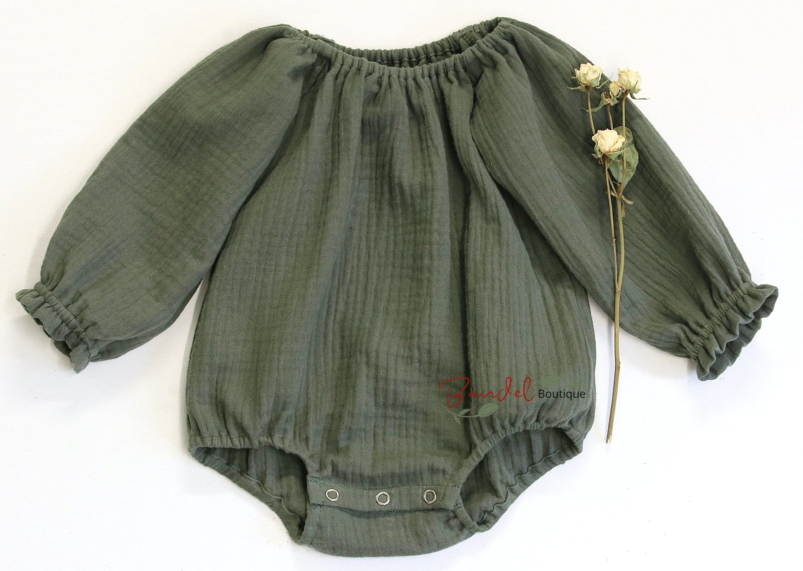 Muslin Bodysuits- Khaki- green - Color, Romper, Bonnet - Options