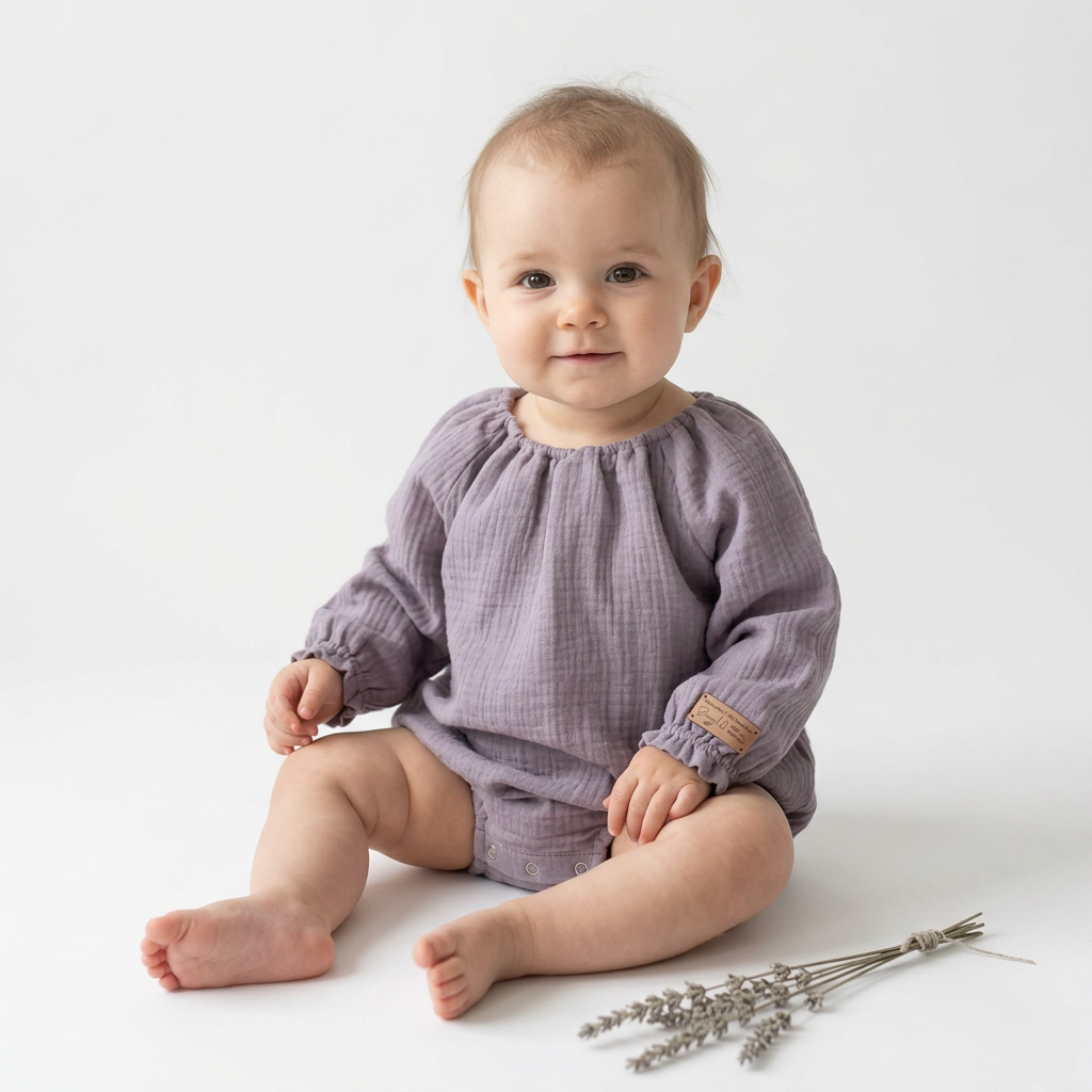 A baby sitting on a white studio floor wearing a dusty purple long-sleeve gauze romper, with a small tan brand patch on the sleeve and dried lavender sprigs nearby.