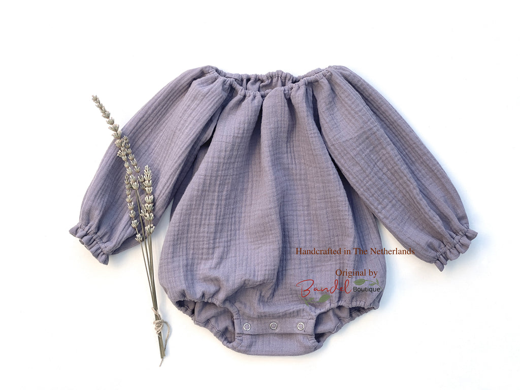 Lilac long sleeve organic muslin baby romper 