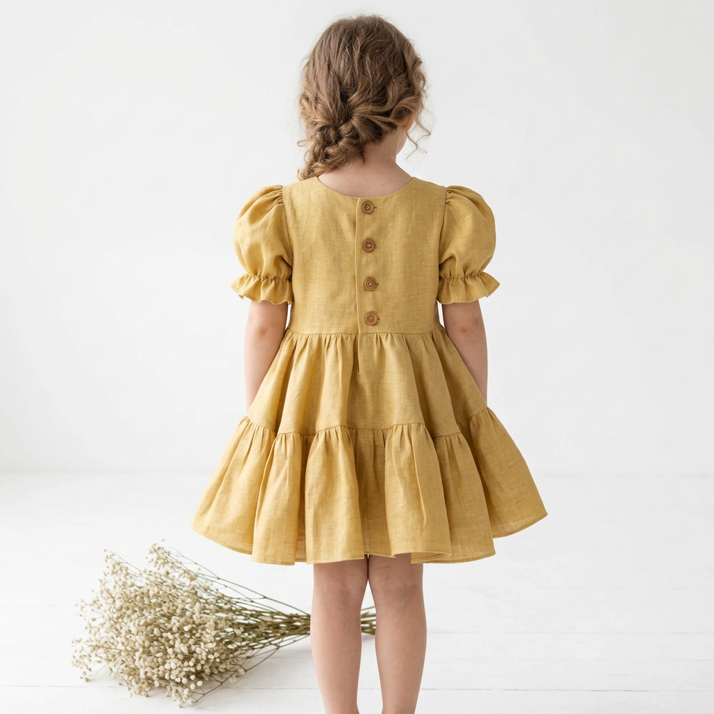 A young girl viewed from behind wearing a mustard yellow tiered dress with puff sleeves and three brown buttons on the back, standing against a white background with a small bouquet of baby's breath on the floor.
