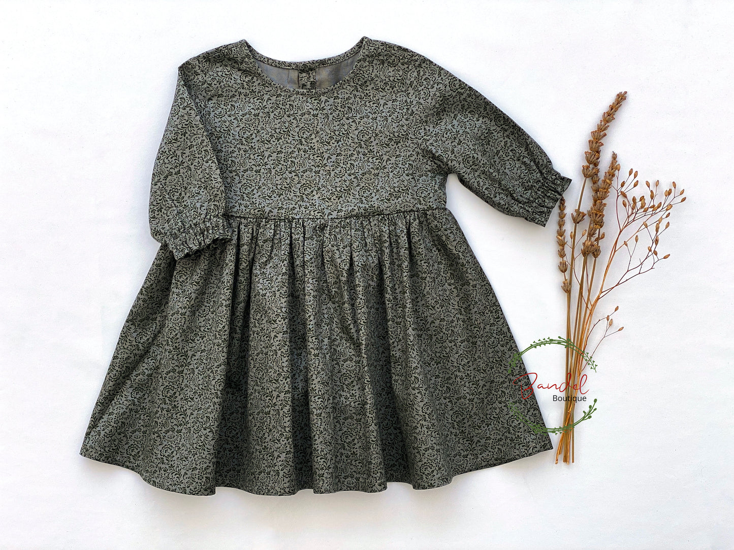 Cotton Girl Dress, Leafs Green Print