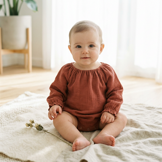 A baby sitting on a textured cream blanket in a bright, softly lit room, wearing a rust-brown long-sleeve smocked bodysuit.