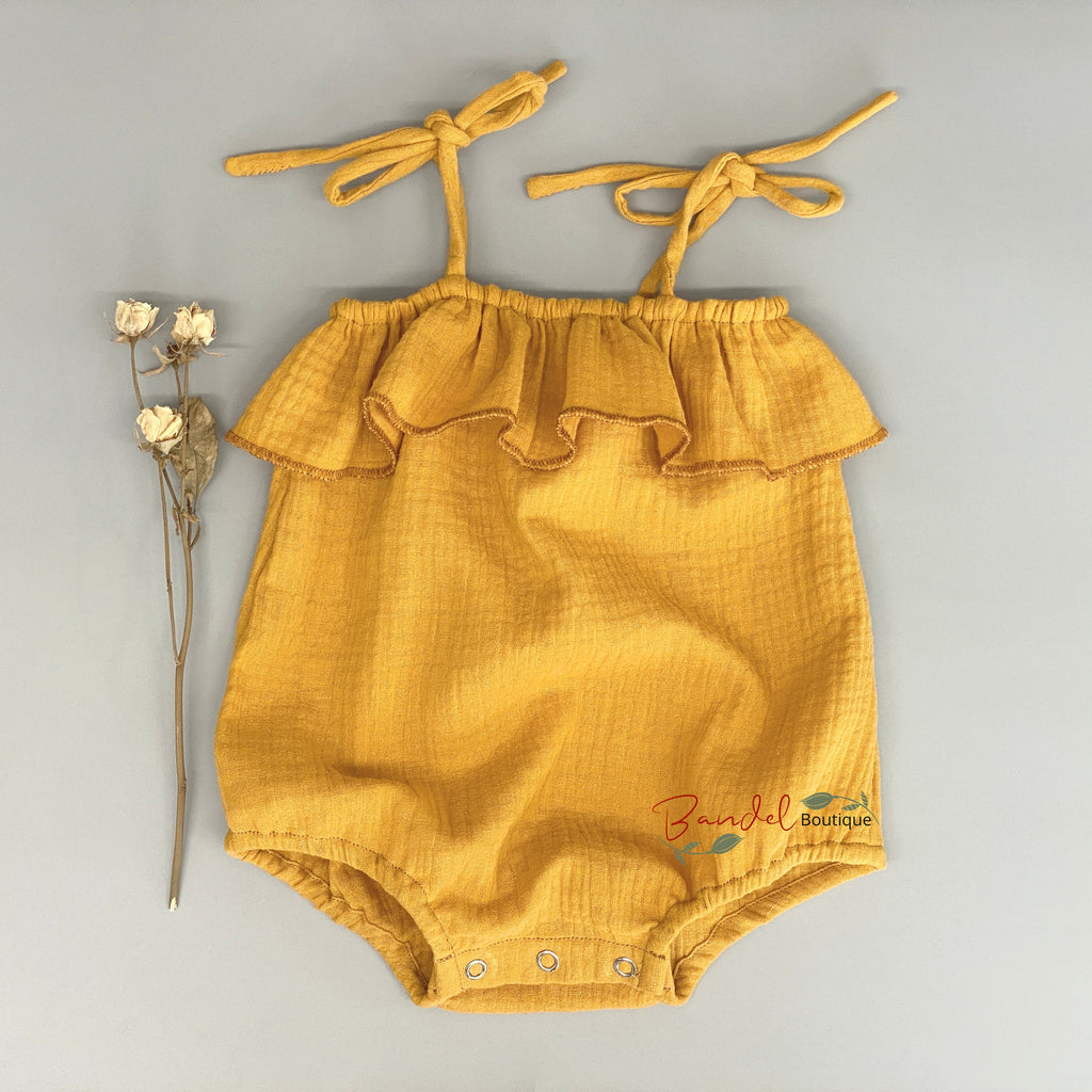 Adjustable tie straps ocher- yellow organic muslin gauze newborn baby playsuit