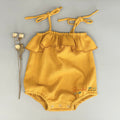 Adjustable tie straps ocher- yellow organic muslin gauze newborn baby playsuit