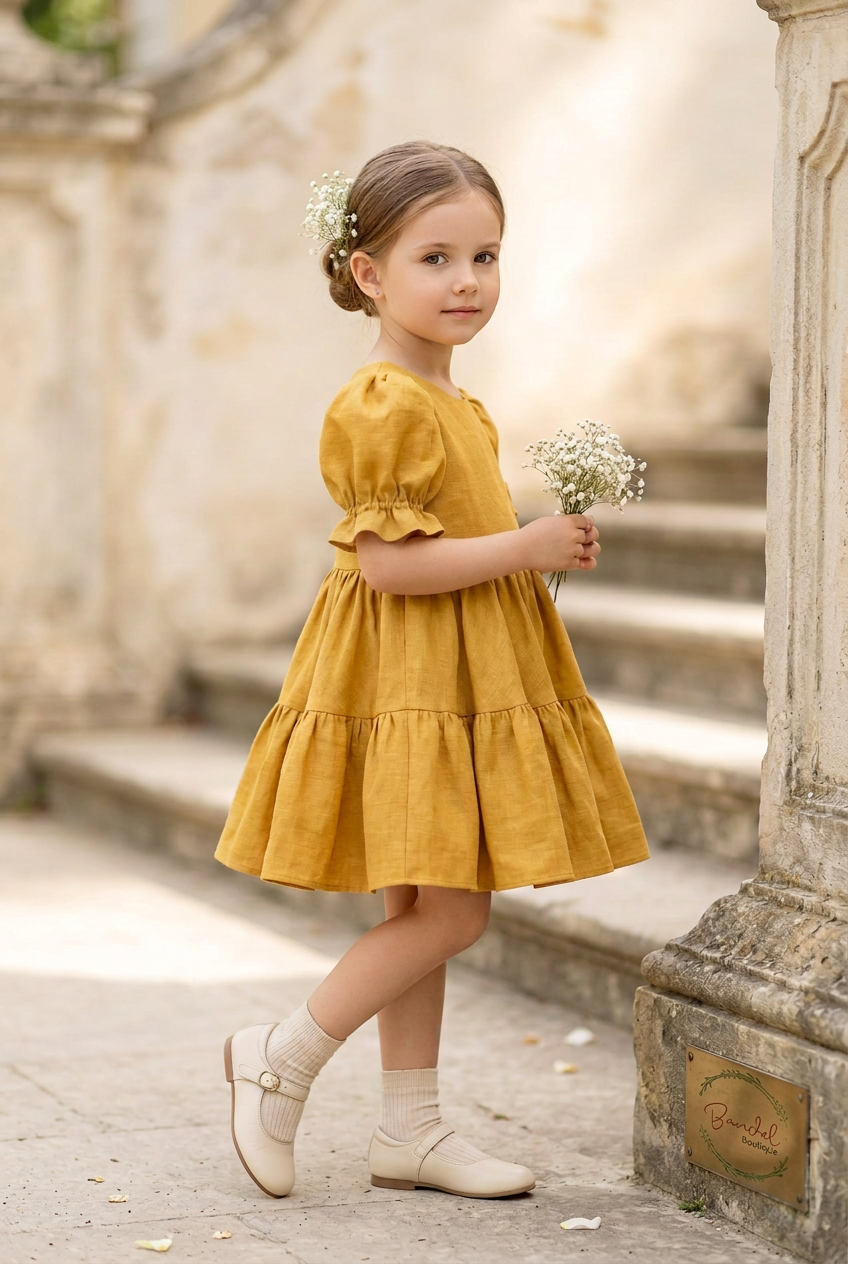 A young girl stands on stone steps wearing a mustard yellow tiered dress with puff sleeves and cream shoes, holding a small bouquet of white flowers.