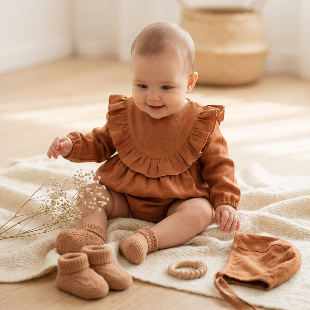 A baby sitting on a cream blanket on a wooden floor, wearing a rust-brown long-sleeve romper with a ruffled bib collar, matching knit booties, and a small fabric accessory. A woven basket is blurred in the background.