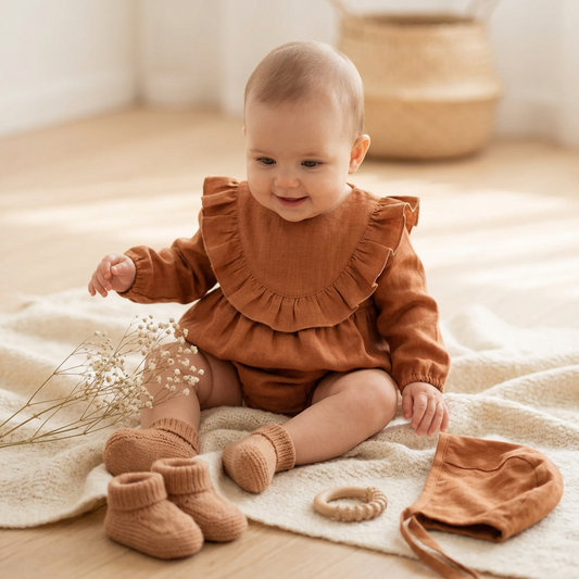 A baby sitting on a cream blanket on a wooden floor, wearing a rust-brown long-sleeve romper with a ruffled bib collar, matching knit booties, and a small fabric accessory. A woven basket is blurred in the background.