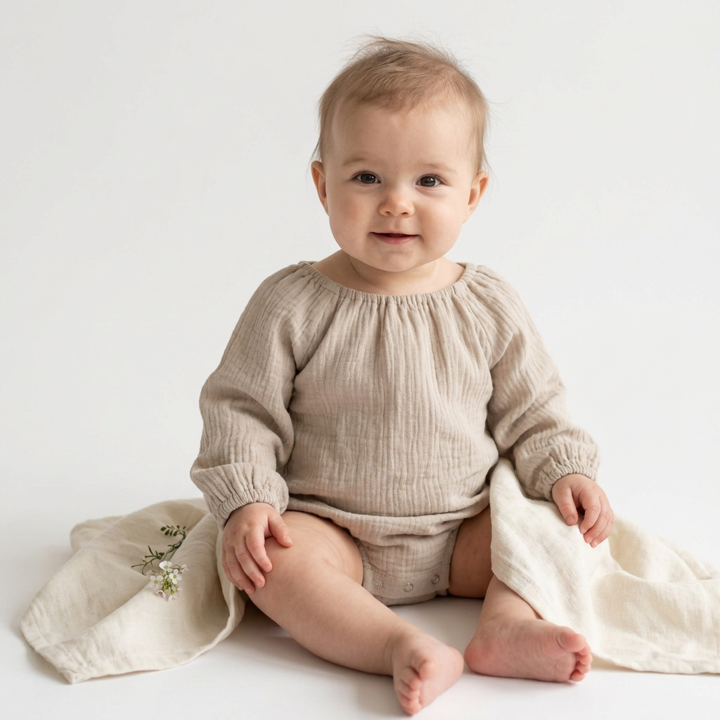 A baby sitting on a white studio floor wearing a long-sleeve, crinkled gauze romper in a light oatmeal beige color, with a matching cream fabric wrap draped around them.