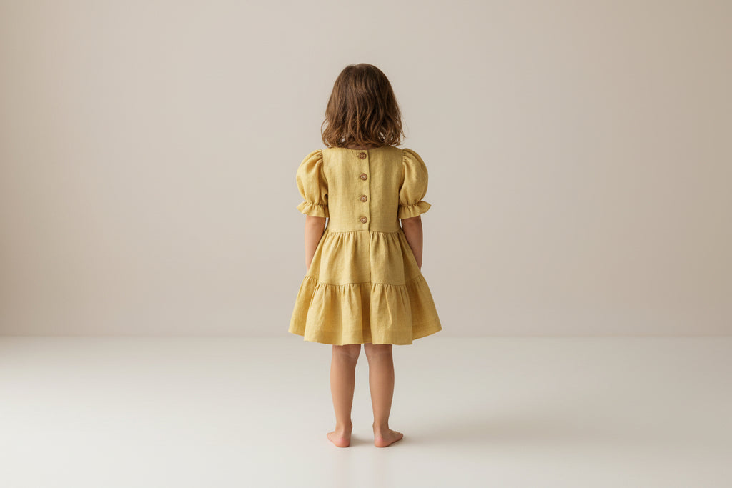 Child wearing a yellow dress standing against a plain background