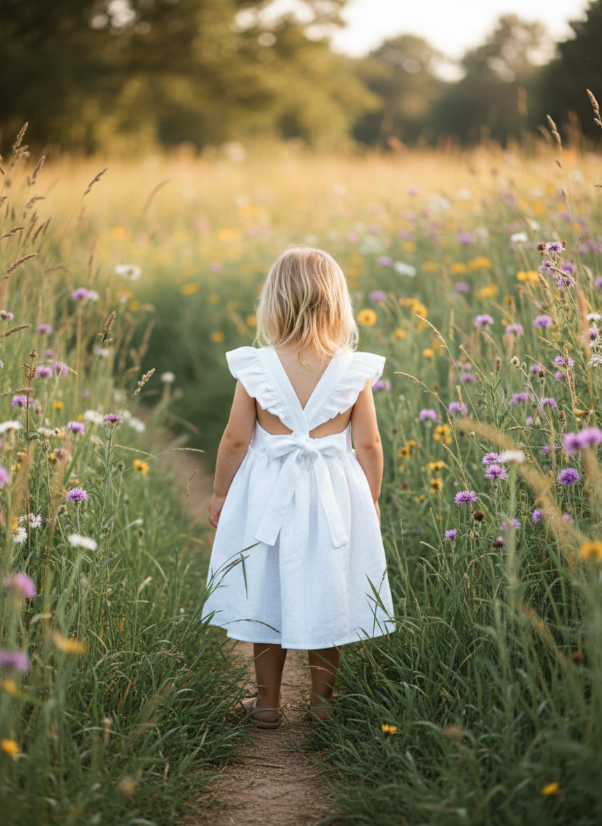 Child in a white dress standing in a field of wildflowers