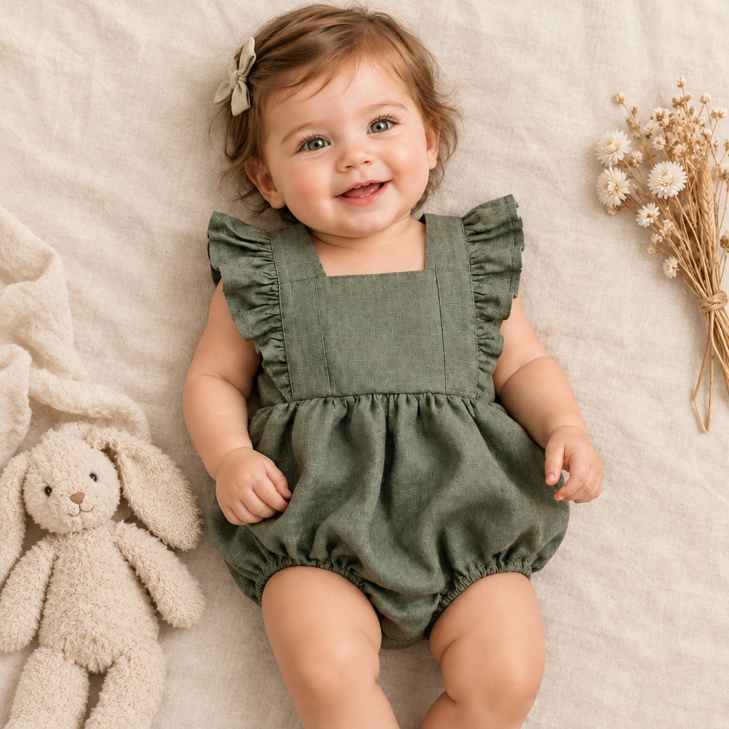 A baby girl lying on a beige fabric surface, wearing an olive green linen romper with ruffled shoulder straps and a bow headband. A plush bunny toy and dried flowers are placed beside her.