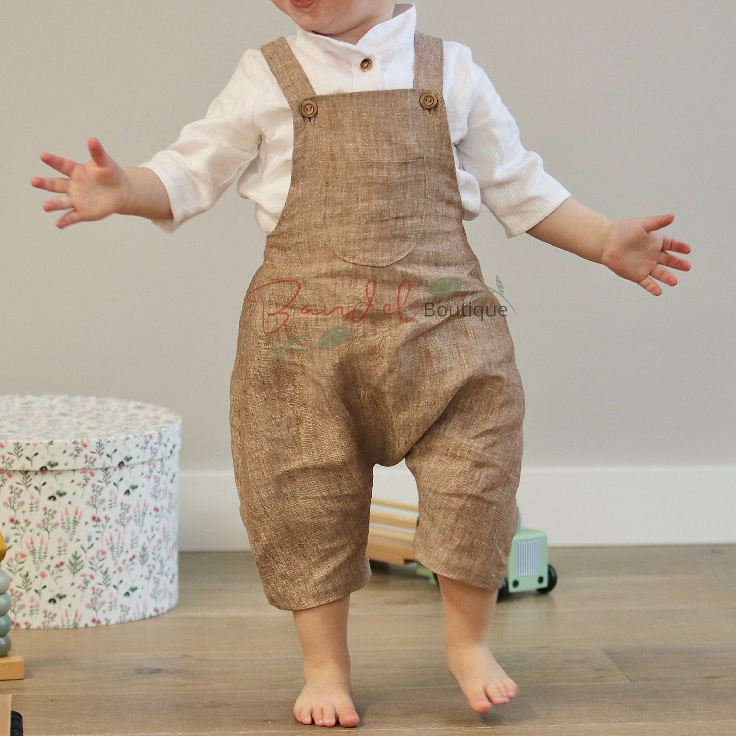 Linen harem baby toddler romper, adjustable straps gender neutral playsuit