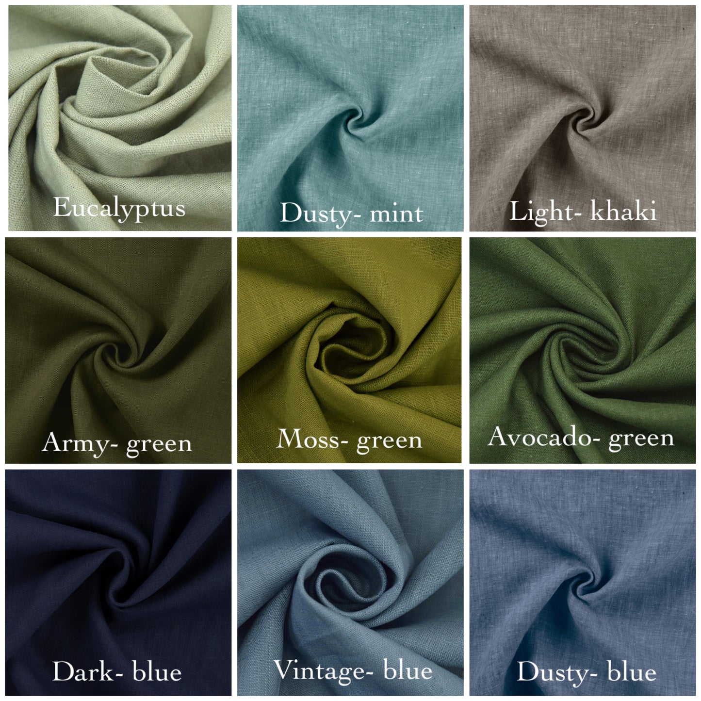Fabric swatches in various colors with labels underneath