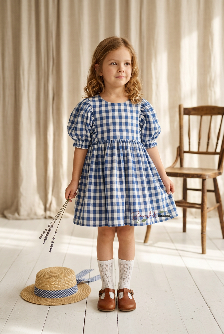 A young girl stands in a sunlit room wearing a blue and white gingham dress with puff sleeves. She holds a small bouquet of lavender and stands beside a straw hat with a blue ribbon.