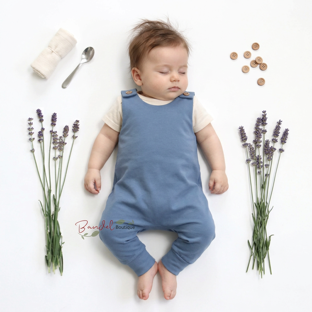 A sleeping baby lies on a white background wearing a dusty blue overall-style romper with short sleeves. The photo is styled with lavender sprigs, wooden buttons, a rolled cream cloth, and a spoon around the baby.