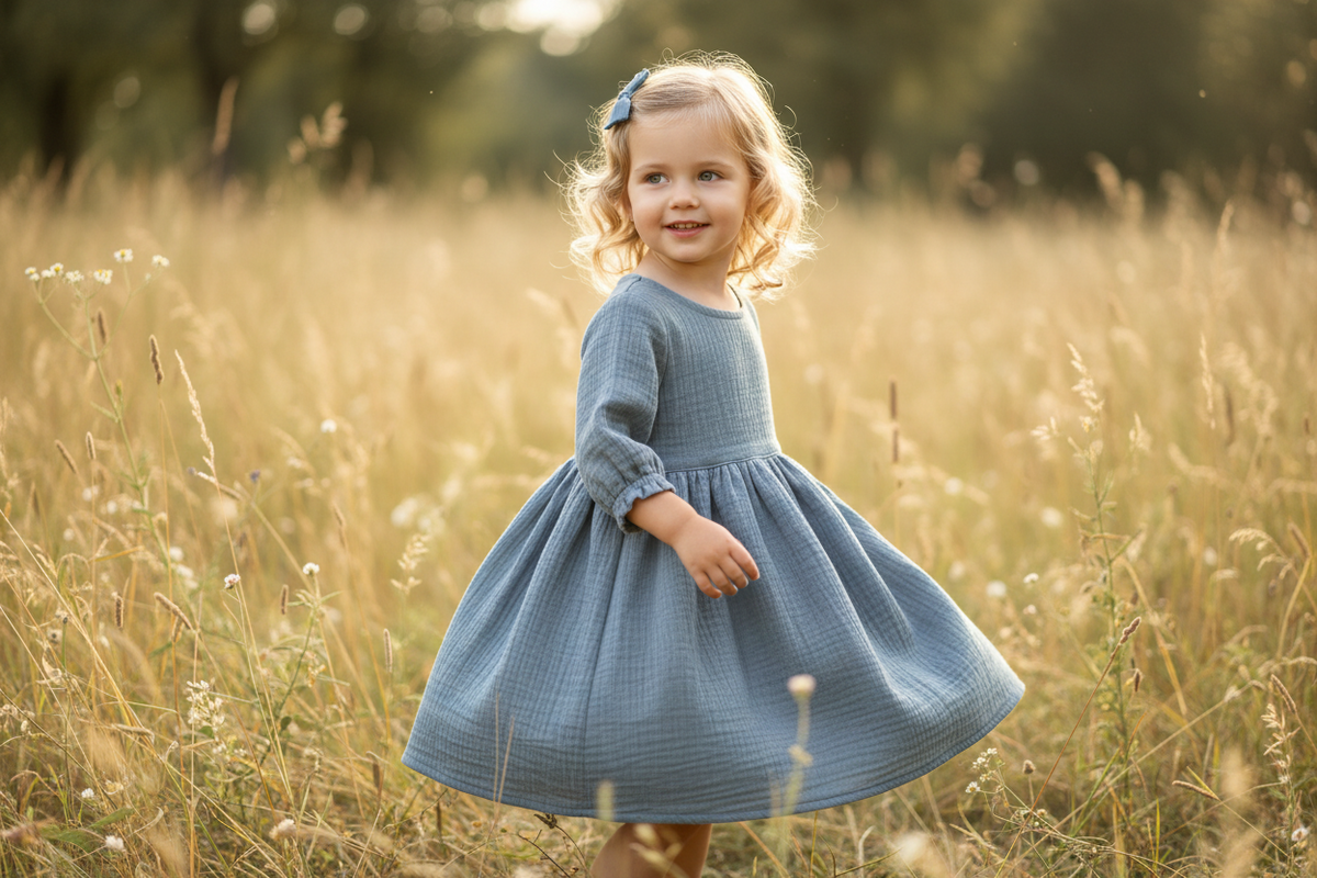 Young girl in a blue dress standing in a field of tall grass.
