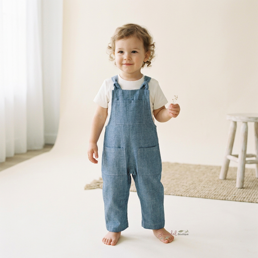 A toddler stands barefoot in a bright studio setting, wearing blue denim-style overall with a white short-sleeve shirt. The child is posed indoors with a soft neutral backdrop, curtain, woven rug, and small stool visible.
